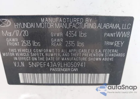 2020 Hyundai Sonata Sel из США, поврежденный, VIN 5NPEF4JA9LH050941